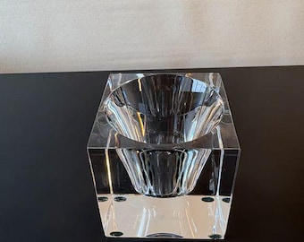 Baccarat Crystal Cube Candleholder Etched Maker Mark Modern France