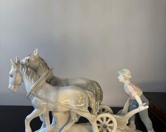 2 Porcelain Ploughman Horse Groups Pair Zsolnay Pecs Hungary Marked Figurines