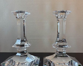Pair Val St. Lambert Belgium Crystal ELYSEE 7" Candlesticks, Signed