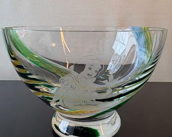 Clear Art Glass Bowl Green Swirl Disney Character Engraved