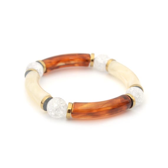 Bracelet tube élastique et pierres semi-précieuses /  Collection Calypso (marron, crème et cristal)