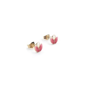 May include: A pair of gold stud earrings with pink and white flower designs.