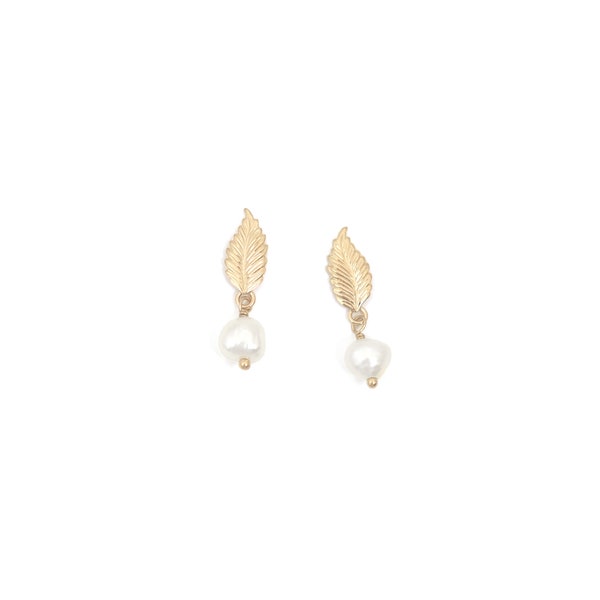 Boucles d'oreilles feuilles dorées à l'or fin 24 carats et perles d'eau douce /  Collection Cézanne