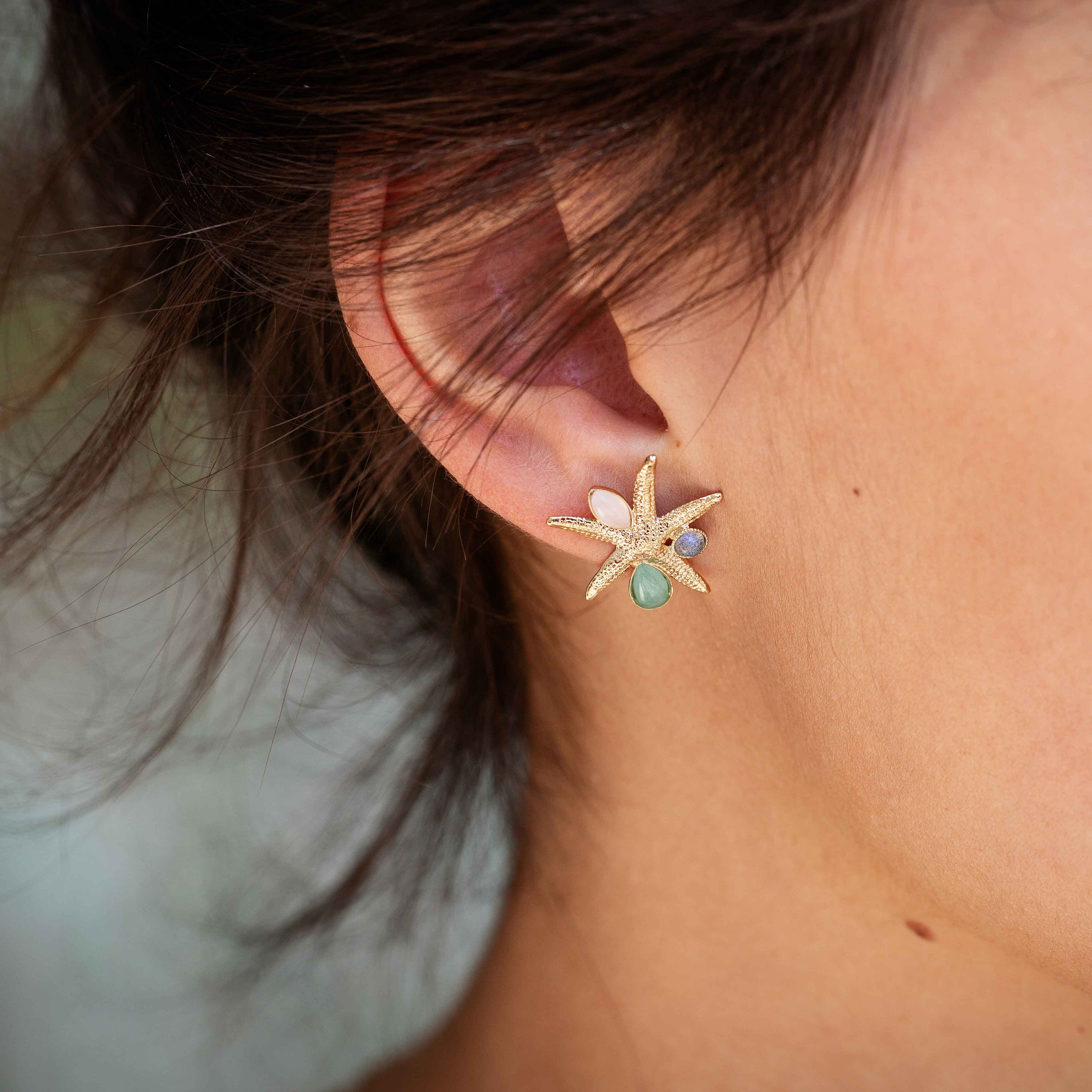 Boucles D’oreilles Vintage Argent 925 – Goutte étoile De Mer Avec Perles De Culture Et Topaze (époque 1935-1950)