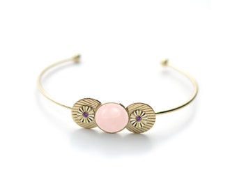 Bracelet Jonc Doré Avec Feuilles Et Pierre Blanche - Satine, Neuf Avec étiquettes, Modèle V1