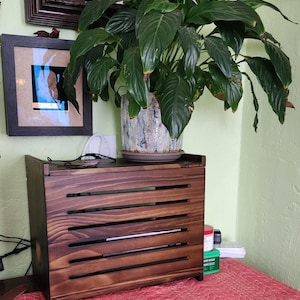 May include: A rectangular dark brown wooden storage box featuring a slatted front panel with five horizontal openings. The box has a flat top surface and a solid frame construction, providing a structured enclosure for organizing items within a home space.