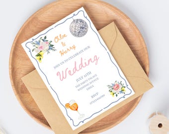 Hochzeitseinladung im Blumen-Disco-Stil | PDF, bearbeitbare Canva-Einladung