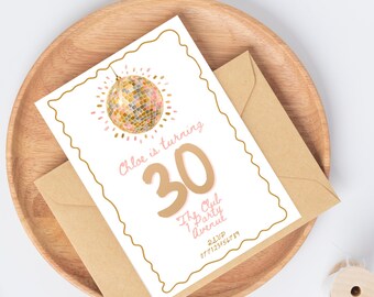 Einladungsvorlage zum 30. Geburtstag mit Discokugel | Gold-pinke Canva-Einladung (Digitaler Download) | Anpassbare Canva-Vorlage