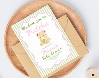 Matcha Baby Shower Invitation, Bear Theme, Gender Neutral (Digital Download)