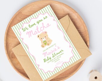 Einladung zur Babyparty mit Matcha-Aquarell, Bärenmotiv, geschlechtsneutral (Digitaler Download)