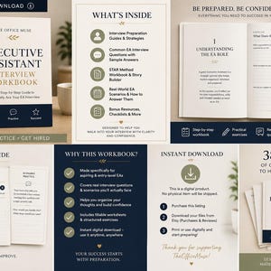 May include: A digital executive assistant interview workbook featuring a cover with the title Executive Assistant Interview Workbook, interior pages with interview strategies, STAR method worksheets, and 38 pages of guided content for job preparation.