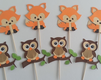 Woodland Baby Shower Cupcake Toppers, Fox and Owl Party Decor