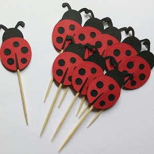 Könnte beinhalten: Eine Ansammlung roter und schwarzer Marienkäfer-Cupcake-Topper. Jeder Marienkäfer hat einen roten Körper mit schwarzen Punkten und einen schwarzen Kopf mit Fühlern. Die Topper sind an Holz-Zahnstochern befestigt.
