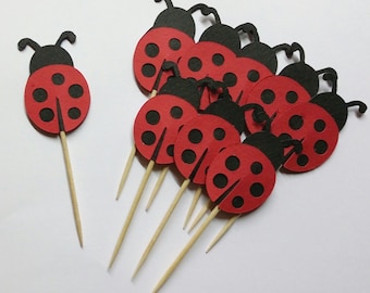 Lot de 12, 24 ou 36 coccinelles, recto-verso, décorations de cupcakes, pique-niques pour fête, pique-nourriture, décoration de table