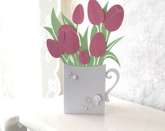 Handmade Tulips Card, Pink Vase, All Occasion