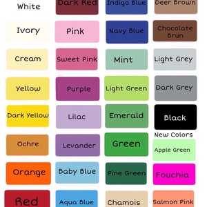 Peut inclure: Un nuancier avec 24 &eacute;chantillons de couleurs, chacun avec un nom &eacute;crit en texte noir. Les couleurs incluent le blanc, l'ivoire, la cr&egrave;me, le jaune, le jaune fonc&eacute;, l'ocre, l'orange, le rouge, le rouge fonc&eacute;, le rose, le rose bonbon, le violet, le lilas, la lavande, le bleu b&eacute;b&eacute;, le bleu turquoise, le bleu indigo, le bleu marine, la menthe, le vert clair, l'&eacute;meraude, le vert, le vert pin, et le gris clair, le gris fonc&eacute;, le brun cerf, le brun chocolat, le noir, le vert pomme, le fuchsia, le chamois, et le rose saumon.