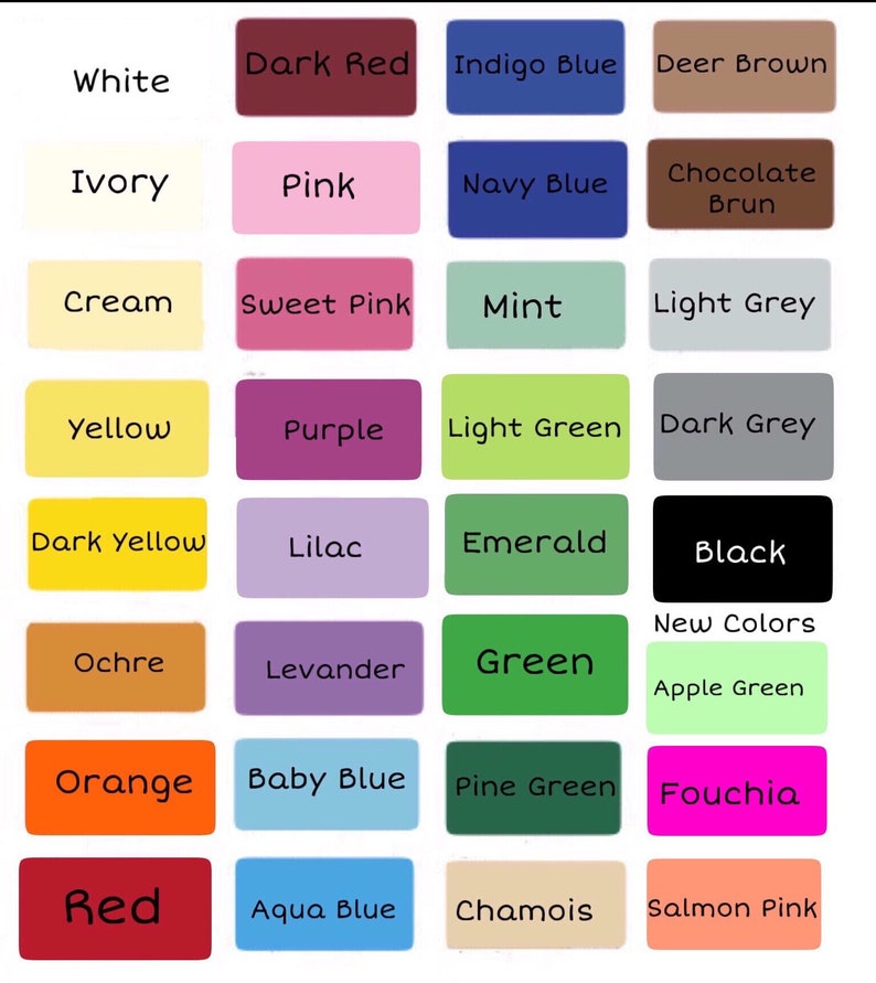 Peut inclure: Un nuancier avec 24 &eacute;chantillons de couleurs, chacun avec un nom &eacute;crit en texte noir. Les couleurs incluent le blanc, l'ivoire, la cr&egrave;me, le jaune, le jaune fonc&eacute;, l'ocre, l'orange, le rouge, le rouge fonc&eacute;, le rose, le rose bonbon, le violet, le lilas, la lavande, le bleu b&eacute;b&eacute;, le bleu turquoise, le bleu indigo, le bleu marine, la menthe, le vert clair, l'&eacute;meraude, le vert, le vert pin, et le gris clair, le gris fonc&eacute;, le brun cerf, le brun chocolat, le noir, le vert pomme, le fuchsia, le chamois, et le rose saumon.