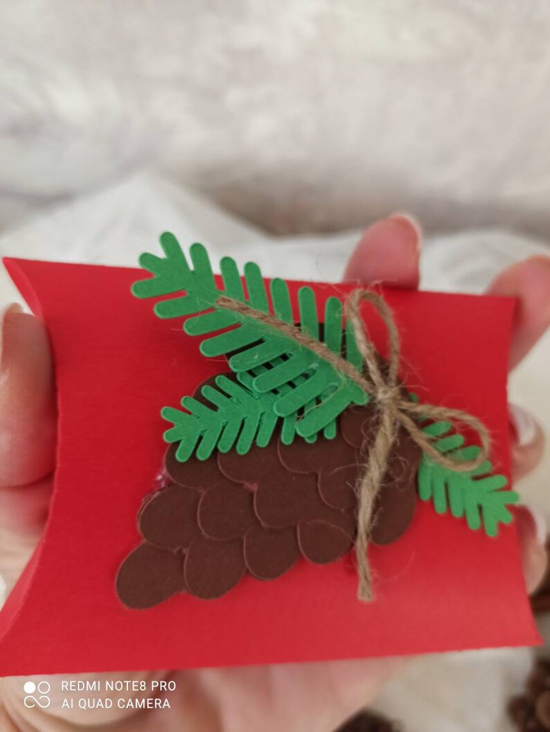 Peut inclure: Une bo&icirc;te &agrave; coussin rouge avec un c&ocirc;ne de pin brun et des aiguilles de pin vertes sur le dessus. La bo&icirc;te est attach&eacute;e avec de la ficelle.