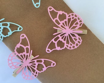 Set of 12 Butterflies Tags Clothes Pins, Baby Shower, Party Favors, Nursery Decor Gift Tag, Party Clips,  Clothespins