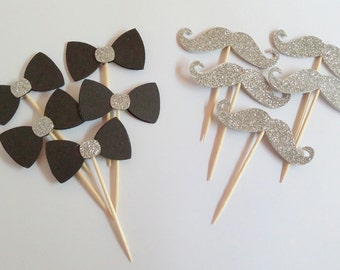 Little Man Cupcake toppers, Moustache - Bowtie - Baby Shower - Kid Party Picks, Food Picks, Table Decoration