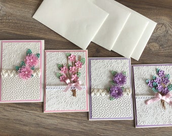 Set of 4 Handmade greeting cards. Beautifully Handmade cards with Handmade Flowers.