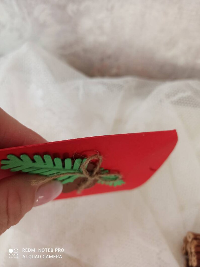 Peut inclure: Une carte rouge avec une feuille de feutre verte et un n&oelig;ud en ficelle brune. La feuille est attach&eacute;e &agrave; la carte avec un gland en feutre brun.