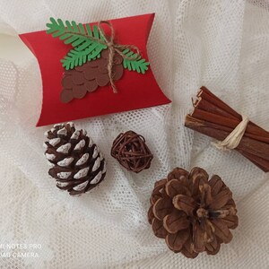 Peut inclure: Une bo&icirc;te &agrave; coussin rouge avec un motif de branche de pin verte et de c&ocirc;ne de pin brun. La bo&icirc;te est sur un fond de tissu en dentelle blanche avec un c&ocirc;ne de pin brun, un petit fagot de brindilles brunes et une boule en osier brune.