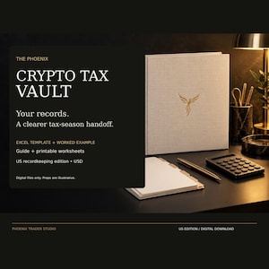 以下が含まれることがあります： THE PHOENIX CRYPTO TAX VAULTというタイトルのデジタル製品リスト。税務記録、Excelテンプレート、印刷可能なワークシートに関するテキストが含まれています。画像には、金色のフェニックスのロゴが入った明るい色のバインダー、電卓、ペンが写っています。