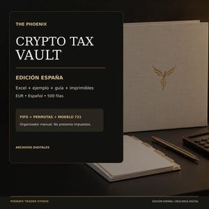May include: A digital product advertisement for The Phoenix Crypto Tax Vault Edición España, featuring text on a black background, a light-coloured binder with a gold phoenix logo, a white notebook with gold tabs, and a gold pen on a dark surface.