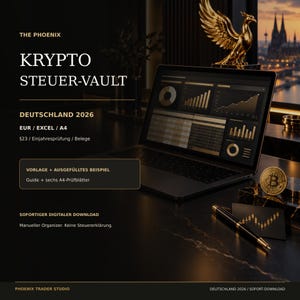 May include: A digital product display titled THE PHOENIX KRYPTO STEUER-VAULT DEUTSCHLAND 2026 featuring a laptop screen with financial charts, a gold phoenix statue, a bitcoin coin, a black card with a gold graph, and a black pen on a dark surface.