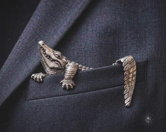 3D Crocodile Pocket Square Insert, Silver Alligator Suit Accessory, Retro Gentleman Jewelry