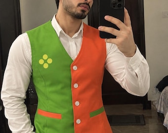 Green and Orange Cosplay Vest, Polyester Button Front Two Tone Waistcoat