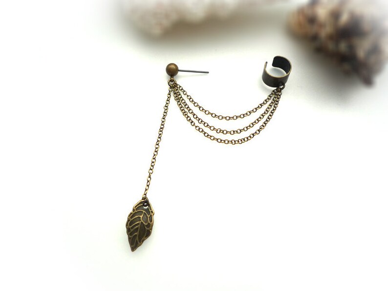 EAR CUFF Simple Leaf Ear Cuff Antique Bronze A7 chained Etsy