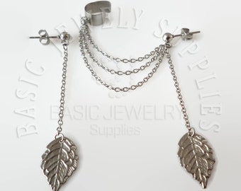 Bijou d'oreille feuille simple avec chaînes et clous supplémentaires - Édition en acier inoxydable, bijou d'oreille avec chaînes, pendentif, boucles d'oreilles, feuille, mode, cadeaux pour fille