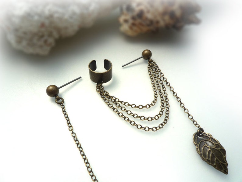 EAR CUFF Simple Leaf Ear Cuff Extra Stud With Chain And Etsy