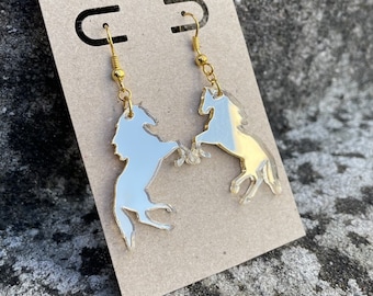 Horse acrylic plexiglass earrings | laser cut jewellery | colorful earrings | gold acrylic | lightweight earrings | horse earrings