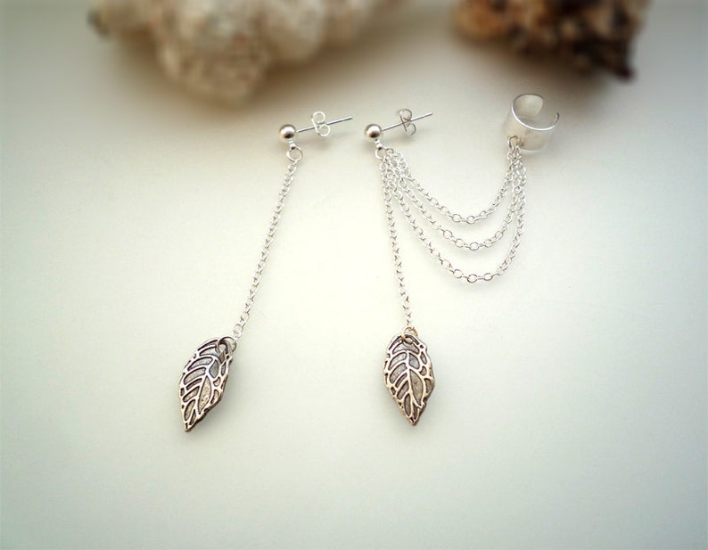 Simple Leaf Ear Cuff Extra Stud With Chain And Etsy