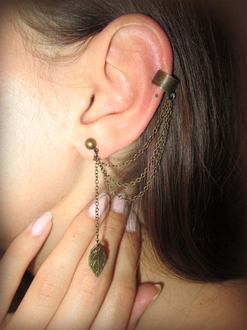 EAR CUFF Simple Leaf Ear Cuff Antique Bronze A7 chained Etsy