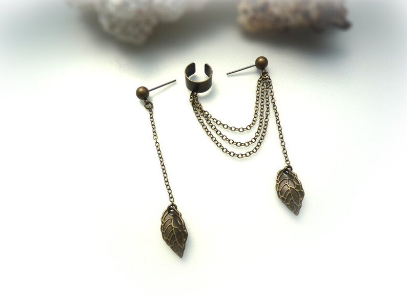 EAR CUFF Simple Leaf Ear Cuff Extra Stud With Chain And Etsy