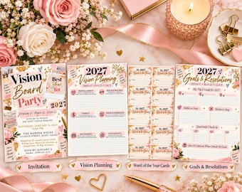 Pink Vision Board Party Invite & Kit, 2027 Word of the Year, Resolutions, Canva