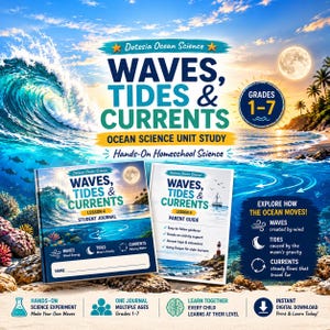 Może przedstawiać: Zestaw do nauki o oceanach Dotesia zatytułowany Waves, Tides & Currents dla klas 1-7. Zawiera dziennik ucznia i przewodnik dla rodziców z obrazami oceanu, tekstami edukacyjnymi oraz ikonami wyjaśniającymi fale, pływy i prądy morskie w edukacji domowej.