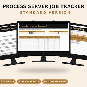 Puede incluir: Tres monitores de computadora que muestran una hoja de cálculo Process Server Job Tracker. Las pantallas muestran un rastreador de operaciones, un tablero anual con datos de tarifas y un registro de trabajos. Texto: Excel + Google Sheets, Attempt Alerts, Auto Dashboard.
