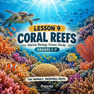 May include: An educational poster titled Lesson 9 Coral Reefs Marine Biology Ocean Study Grades 1-7. The image features a sea turtle, clownfish, and yellow butterflyfish swimming among colorful coral reefs with the text Tiny Animals. Incredible Reefs.