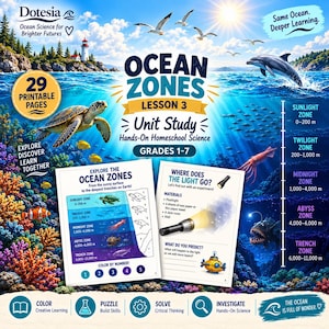 Może przedstawiać: 29-stronicowy zestaw edukacyjny do druku zatytułowany Ocean Zones Lesson 3 dla klas 1-7. Okładka przedstawia żółwia morskiego, delfina, mewy i rafę koralową. Zawiera arkusze ćwiczeń dotyczące stref oceanicznych, eksperymentów ze światłem i kolorowania.