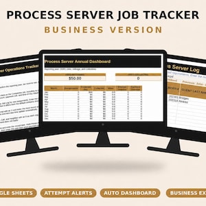 Puede incluir: Un rastreador digital de trabajos para servidores de procesos, versión empresarial, mostrado en tres monitores de computadora. Las pantallas muestran hojas de cálculo tituladas Dotesia Process Server Operations Tracker y Process Server Log.