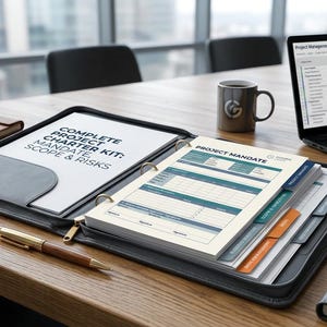 以下が含まれることがあります： Complete Project Charter Kit: Mandate, Scope & RisksおよびProject Mandateというタイトルの書類が入った黒いファスナー付きバインダー。カラフルなインデックス、金色のペン、プロジェクトチャートが表示されたノートパソコン、マグカップが置かれている。