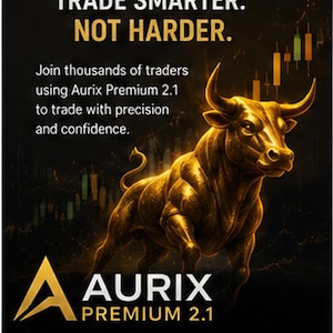 May include: A black promotional graphic featuring a golden bull, a stock market candlestick chart, and the text: TRADE SMARTER. NOT HARDER. Join thousands of traders using Aurix Premium 2.1 to trade with precision and confidence. AURIX PREMIUM 2.1. PROFESSIONAL TOOLS. SIMPLE RULES. BETTER RESULTS.
