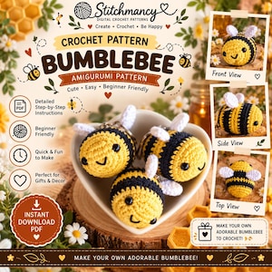 Virkmönster för humla | Virkad amigurumi med honungsbi i PDF-format | Mönster för bidekorationer | Virkhandledning för nyckelringar med bi | Digital nedladdning