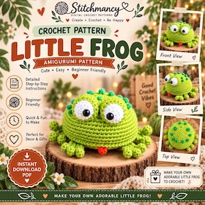 Op de afbeelding: Een digitaal haakpatroon voor een kleine amigurumi-kikker, met de tekst Stitchmancy, Little Frog en Amigurumi Pattern. De afbeelding toont een felgroene gehaakte kikker met grote witte ogen en een klein rood tongetje.