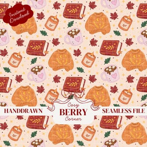 May include: A seamless pattern featuring illustrations of orange sweaters, red books with gold accents, lit candles, and pink mugs filled with hot cocoa and marshmallows, interspersed with small autumn leaves and stars on a light beige grid background.